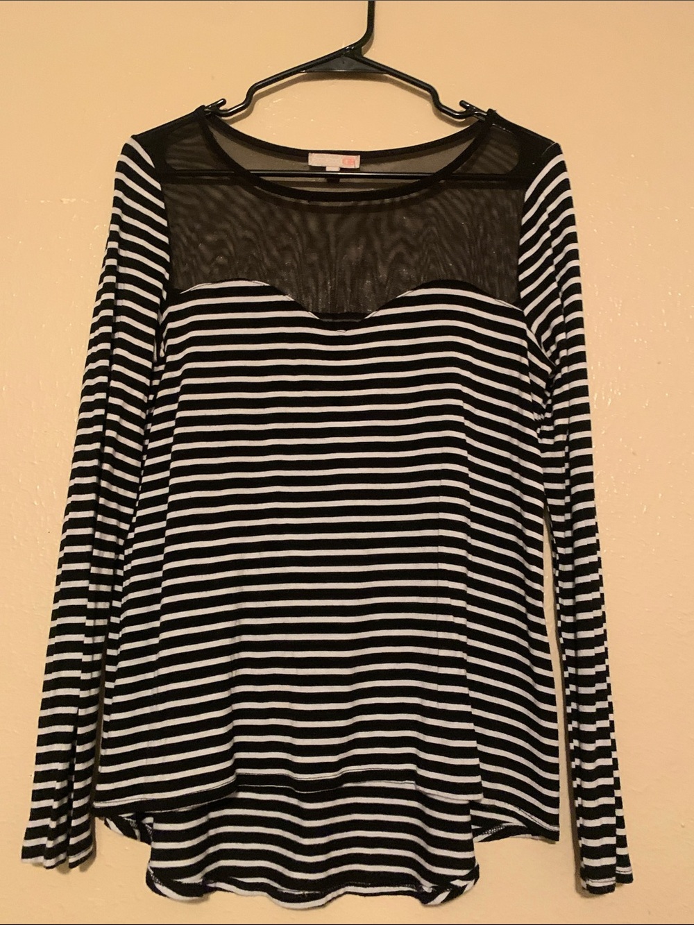 Striped Black & White Mesh Yoke Long-Sleeve Top (L)